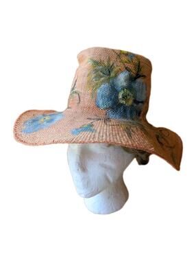 Vintage Hand Painted Straw Hat Floral Wide Brim Raffia Boho Summer